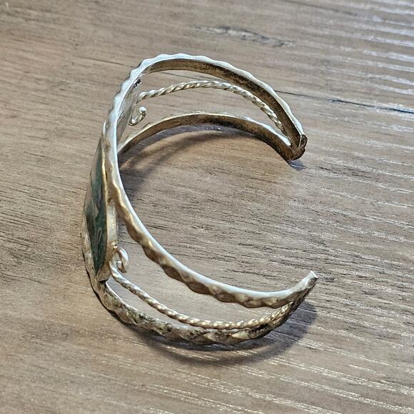 Vintage Alpaca Silver & Turquoise Cuff with Abalone & Mother of Pearl Flower - Picture 3 of 9